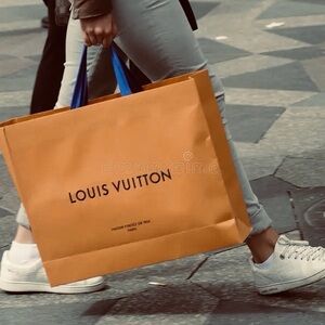 Louis Vuitton XL HTF Orange Brown Paper Gift Shopping Box Bag Blue Handle